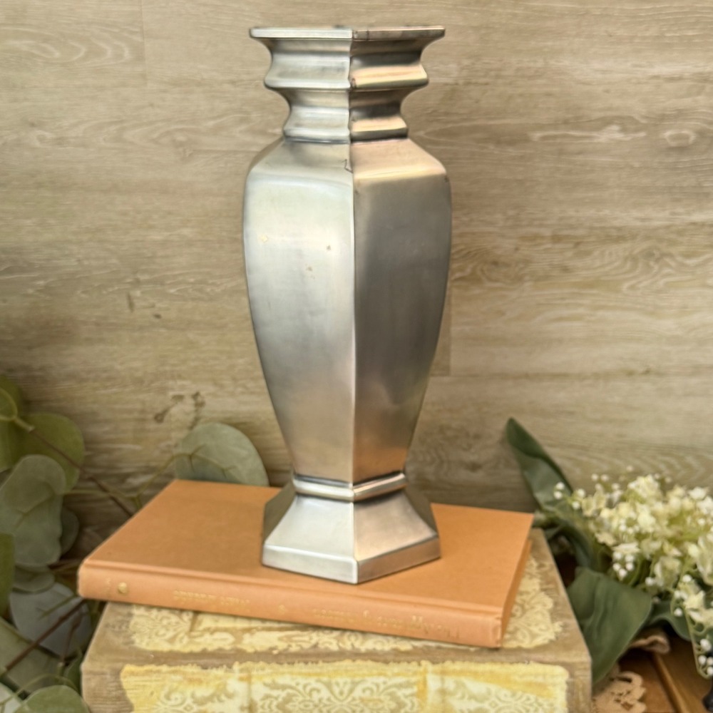 Pottery Barn Estate Vase Tall Hexagonal Silver Cast Aluminum Matte Finish Decor